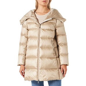 Women's Long <b>Quilted</b> Jacket Hooded Zipper Closure Polyester <b>Wadding</b> Winter Coat Beige Color Full Sleeve - Product Image 4