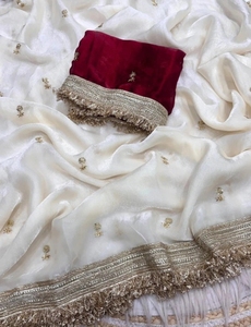 Sari de Seda Pura Bordado KV Estilo Bollywood (Blanco, Crema) - Product Image 6