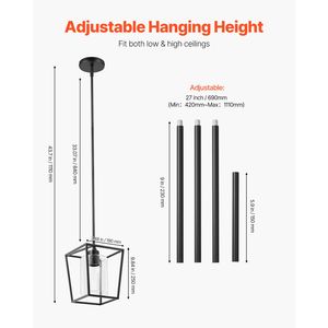 Lampada a Sospensione Lunga Nera in Ferro Battuto, 1 Pezzo, con Paralume in Vetro Trasparente, Attacco E27, Altezza Regolabile, Stile Rustico - Product Image 3