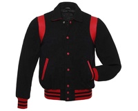 Blouson universitaire unisexe noir et rouge en polyester, style preppy, col rabattu, manches classiques, simple boutonnage, style baseball, hiver