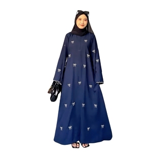 Abaya bleu marine brodée pour femme, robe longue à manches longues, col rond, en coton, pour usage quotidien, style Moyen-Orient - Product Image 1