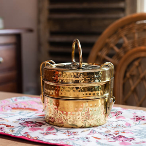 Luxury painted brass tiffin <b>box</b>, 3 tier antique motif food carrier, decorative meal <b>container</b>, available at wholesale prices. - Product Image 5