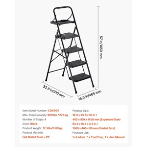 Scala Pieghevole Portatile in Acciaio a 4 Gradini con Pedana Antiscivolo, Impugnatura Confortevole, Capacità 600 Libbre, Ampio Vano Porta Attrezzi per Uso Domestico e Ufficio - Product Image 6