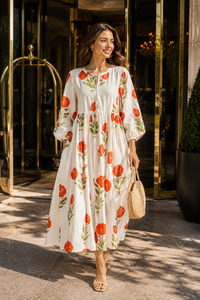 Vestido Largo de Fiesta Boho para Mujer, Estampado a Mano, de Algodón, con Mangas Abullonadas, Cuello con Lazo, Ecológico, Transpirable, Talla XS, Color Rojo Floral - Product Image 5