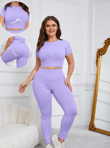 Women's Sporty Seamless Yoga Set High Waist Leggings & Short Sleeve Sports Crop <b>Top</b> Breathable Activewear 2-Piece Workout Outfit - Product Image 4