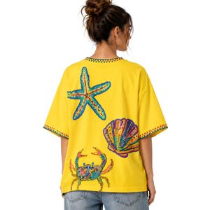 เสื้อยืดโอเวอร์ไซส์สีเหลืองลายกราฟิกผู้หญิง พิมพ์ลายมหาสมุทรสีสันสดใส เสื้อผ้าลำลองสไตล์สตรีทแวร์ ผ้าฝ้าย ใส่สบายสำหรับฤดูร้อน ทรงหลวม รับผลิตตามแบบ OEM ODM ขายส่ง - Product Image 2