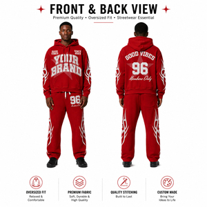 Ensemble de survêtement rouge à capuche pour l'hiver, coupe ample, style streetwear, 100 % coton, avec cordon de serrage, de votre marque - Product Image 1