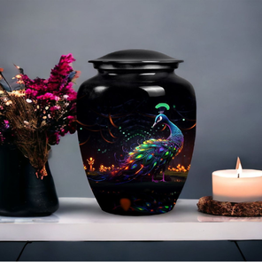 Urne funéraire élégante en forme de paon noir avec des motifs artistiques vibrants. Hommage à votre proche avec la beauté. Disponible aux prix de gros. - Product Image 1