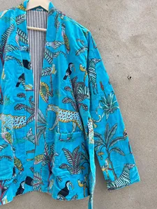 Blue Tropical Animal Print Cotton Boho <b>Jacket</b> Women Casual Open Front Long Sleeve <b>Lightweight</b> <b>Summer</b> Wear - Product Image 4