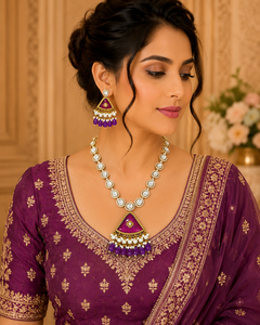 Parure de bijoux de luxe violette Kundan avec pendentif long, ornée de diamants américains et de perles, plaquée or, idéale pour mariages et soirées. - Product Image 1