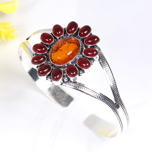 Top Quality Amber and <b>Red</b> Gemstone Cuff <b>Bracelet</b> Custom Opaque Stone Cluster Silver Plated Fashion Jewelry for Bulk Suppliers - Product Image 2