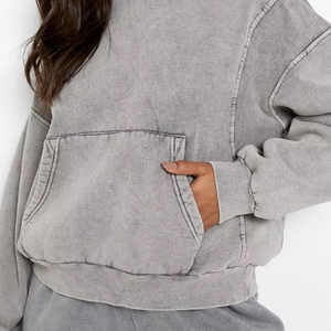 Sudadera con capucha de punto sólido de manga larga con hombros caídos y lavado ácido para mujer, servicio OEM, estilo streetwear - Product Image 2