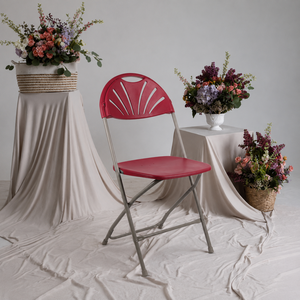Red Fan Back Folding <b>Chair</b> <b>Plastic</b> Seat Metal Frame Outdoor Garden <b>Chair</b> Lightweight Portable Modern Design - Product Image 1