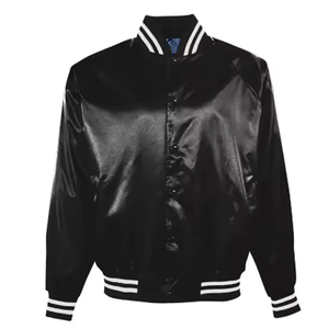 Veste en satin noir pour homme avec col, poignets et ourlet à rayures blanches Coupe régulière Style décontracté Polyester Vêtements de rue OEM - Product Image 1