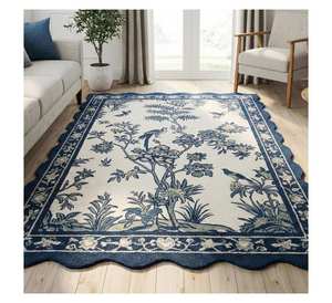Tapis en laine tufté à la main de luxe, bleu et blanc, motif floral chinoiserie, tapis d'appoint personnalisé, tapis oriental pour salon - Product Image 1