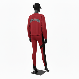 Conjunto de camiseta y leggings de algodón y poliéster premium para mujer, 280 GSM, rojo, negro, con panel de malla y logotipo personalizado. - Product Image 5