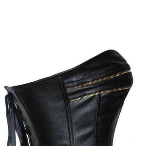 Salva Leather <b>Women's</b> Black Leather Corset <b>Waistcoat</b> V-neck Zipper Closure Lace-Up Back Casual Style Waterproof Outerwear - Product Image 1