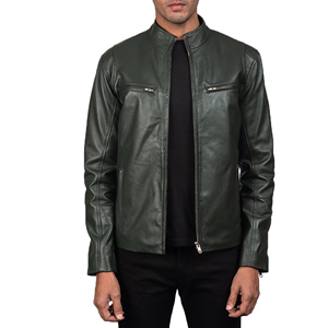 Green Coated Genuine Leather <b>Jacket</b> with Stand Collar Custom Design Pure Real Leather Autumn Fashion Plus Size Men's Zipper - Product Image 1