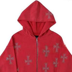 Ensemble de survêtement classique pour homme avec strass, fermeture éclair, broderie lettres vieillies, sweat à capuche et pantalon de jogging 100% coton, logo personnalisé, tenue décontractée - Product Image 5