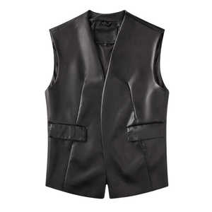 <b>Men's</b> <b>Black</b> PU Leather <b>Vest</b> Collarless Formal Wear Autumn Solid Color Pockets Zipro Industries 2026 Sleeveless Waistcoat Premium - Product Image 2