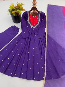 Elegante Conjunto de Tres Piezas Anarkali de Diseño Romano con Bordado de Lentejuelas y Espejo Real, Largo hasta el Suelo, Reversible, Sin Arrugas, de Secado Rápido - Product Image 6