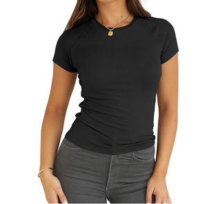 <b>Women's</b> Black Short Sleeve Crew Neck <b>T</b>-<b>Shirt</b> Slim Fit Casual Solid Color Jersey Knitted Polyester Breathable All Seasons - Product Image 1