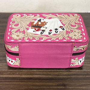 Premium Hand <b>Tooled</b> Floral <b>Pink</b> Leather Makeup organizer Jewelry Case Genuine Cow Leather Poker Card Design Travel Jewelry <b>Box</b> - Product Image 5