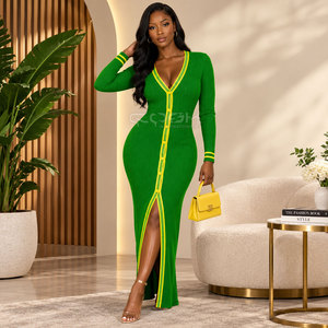Cosh International Sorority Sisterhood Casual Ribbed <b>Maxi</b> Green Yellow Contrast Stripe Long Sleeve V Neck Button Up <b>Cardigan</b> - Product Image 4
