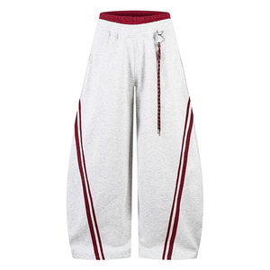 Pantalones Casuales Curvos de Doble Capa con Costuras Interiores Rojas en Contraste y Rayas Retro para Hombre, Pantalones Deportivos Holgados de Pierna Ancha - Product Image 1