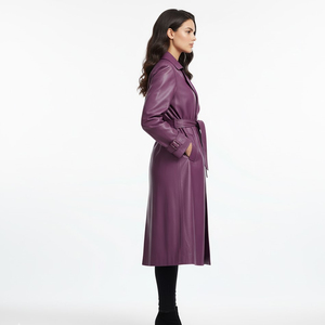 Unisex Lambskin Long <b>Coat</b> Smooth Genuine Leather <b>Winter</b> Outerwear Long Sleeve Turn Down Collar Front Zip Closure Modern Slim - Product Image 3