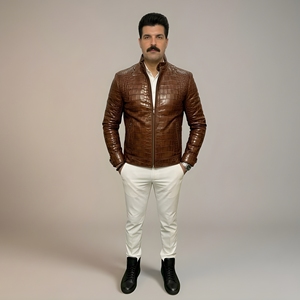 Chaqueta de Cuero de Piel de Oveja de Alta Calidad con Grabado de Cocodrilo para Hombre, Hecha a Mano, Estilo Urbano, Personalización de Piel de Cocodrilo - Product Image 6