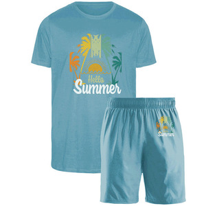 Men's Summer Casual Knitted Two Piece Set <b>Light</b> Blue Printed <b>T</b>-Shirt And Shorts Breathable Heat Transfer Printing - Product Image 1