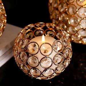 Ensemble de 2 porte-bougies en cristal doré de luxe, porte-bougies votifs ronds en métal avec perles de cristal taillées en diamant pour mariage - Product Image 6