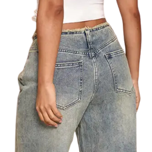 Jean en denim gris délavé coupe droite pour femme, taille mi-haute, décontracté, longueur complète, en coton/élasthanne, séchage rapide, respirant - Product Image 4