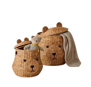 <b>Small</b> Bear Water Hyacinth <b>Storage</b> <b>Basket</b> with Lid Woven Animal Toy Organizer Bin Cute Teddy Nursery Room Decor - Product Image 4