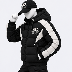 Chaqueta Acolchada con Capucha para Hombre, Diseño en Bloques de Color Blanco y Negro, Cierre de Cremallera Grueso, Ropa de Calle para Invierno - Product Image 4