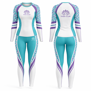 Yoga Club Women's Long Sleeve Yoga Set <b>Crop</b> <b>Top</b> Teal Purple White Color Blocking Full Length Breathable Spandex Polyester - Product Image 1