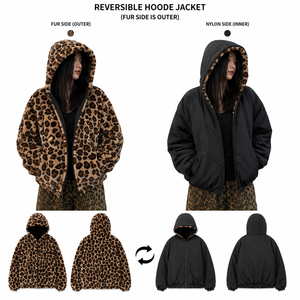 Veste à capuche unisexe oversize réversible en polaire imprimé léopard coupe-vent chaude pour l'hiver, sweat à capuche pour homme coupe droite style streetwear - Product Image 2