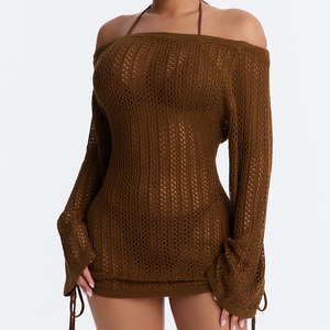 Autumn Style Sexy Women Off-The-Shoulder Knitted Sweater Dress With Hollow Out Design Long Sleeve Bodycon Mini Club Wear - Product Image 1