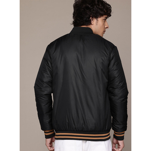 Men's <b>Black</b> Bomber <b>Jacket</b> Zipper Closure Turn-down Collar Casual Outerwear Polyester Wadding Autumn Wear - Product Image 3