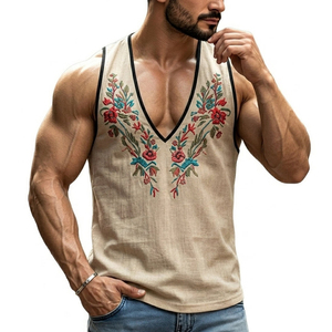 Débardeur Homme Personnalisé Brodé Col V Profond Style Musculaire Sans Manches Tendance Streetwear Décontracté Prix de Gros - Product Image 3