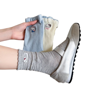 <b>Socks</b> for Women Sweet and <b>Cute</b> Embroidered Kitty <b>Socks</b> Spring and Summer Lace Double Cuff Korean Style Women's <b>Socks</b> - Product Image 2