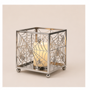 Metal Halloween <b>Lantern</b> with Intricate Spider Web Punch Detail Spooky Silver Candle Holder for Gothic Home Decor and Party Use - Product Image 3