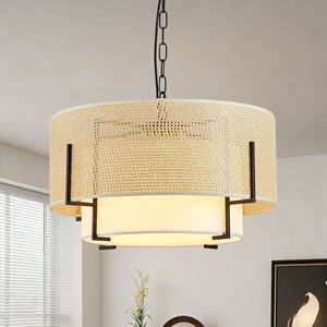 Lampadario Rustico Boho da 19,7 Pollici per Sala da Pranzo, 4 Luci, in Rattan Intrecciato a Mano con Paralume in Tessuto, Lampadario a Tamburo - Product Image 2