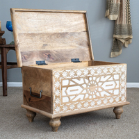 Boîte à couvertures en bois de manguier artisanale, coffre de rangement sculpté à la main, meuble rustique bohème, table basse, table d'appoint, décoration intérieure
