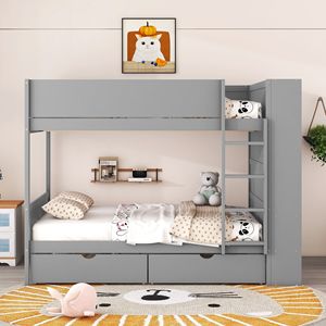 Lit superposé double avec 2 tiroirs et armoire multi-niveaux en gris pour enfants - Product Image 2