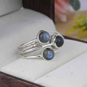 925 Sterling Silver Natural Labradorite Cabochon Triple Stone <b>Rings</b> Handmade Boho Gemstone Statement <b>Ring</b> for Women - Product Image 3