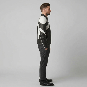 Blouson moto homme en cuir PU noir et blanc, coupe ajustée, col rabattable, fermeture éclair, style hiver - Product Image 3