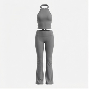 2 Piece Yoga Set High Waist <b>Flared</b> <b>Leggings</b> Halter Crop Top Solid Gray Seamless Breathable Women's Activewear - Product Image 1
