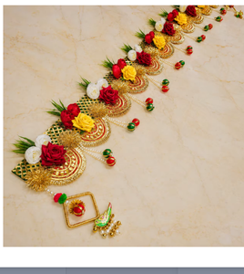 Traditional Indian Door Toran with Red Yellow Flowers and Tassels for Diwali Entryway Decor - Product Image 2